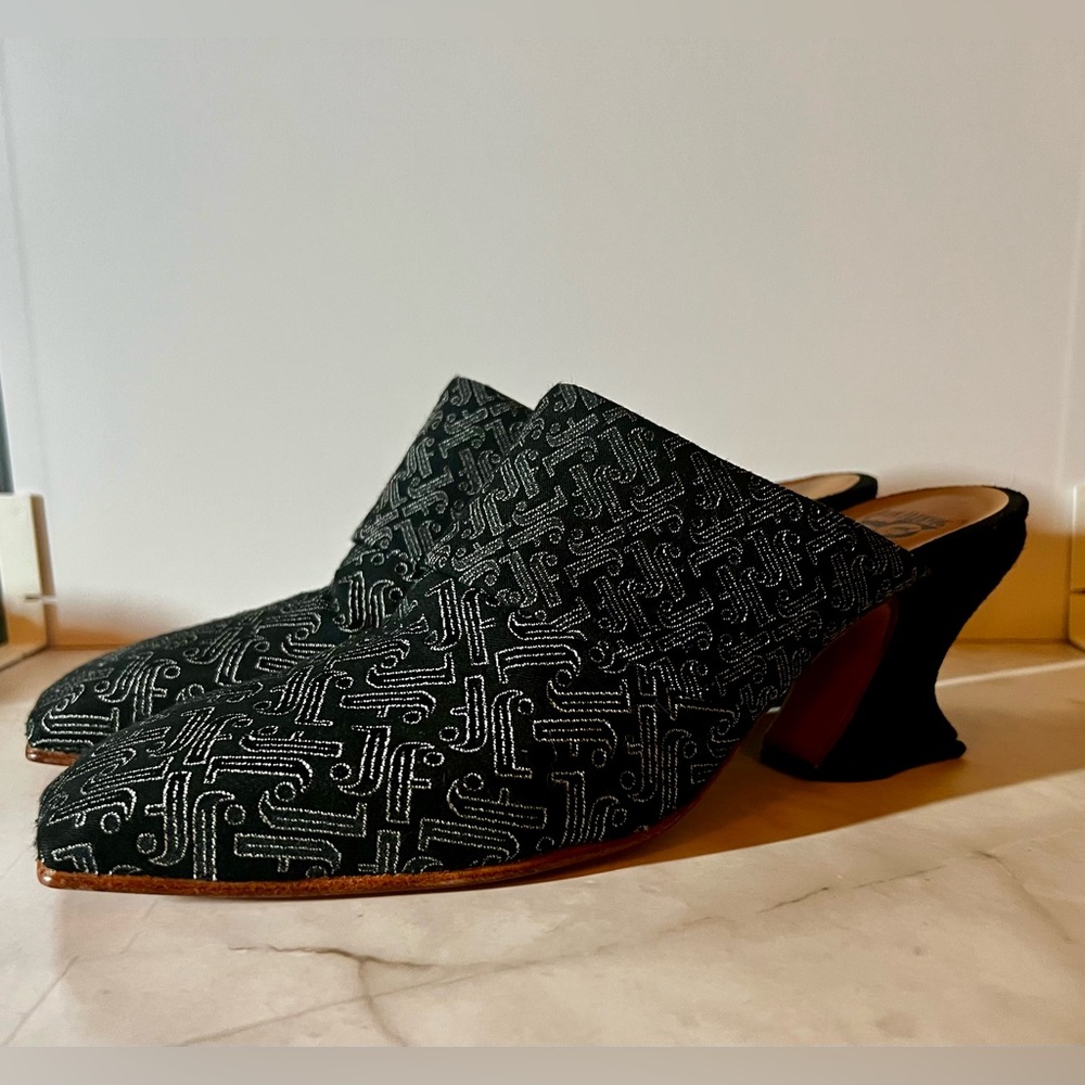 John Fluevog Super Fine Majesty mule heels in JF monogram, size 6.5